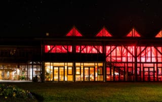 Bunt beleuchtete Hochzeitslocation, innen steigt die Hochzeitsparty